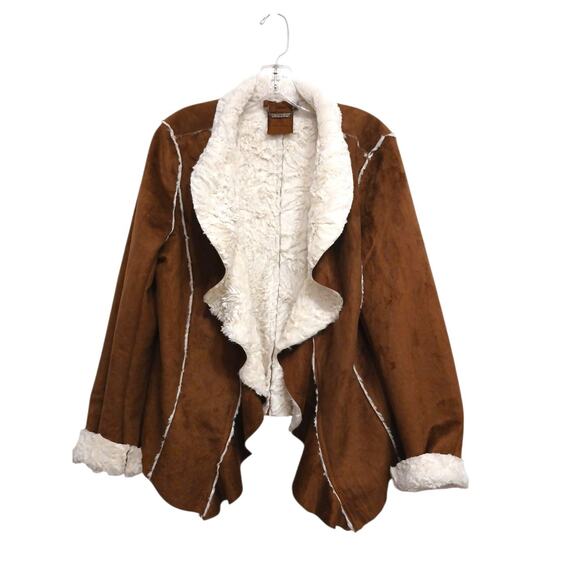 JouJou Faux Suede Shearling Waterfall Cardigan Jacket Size L Brown Boho Western - Picture 1 of 16